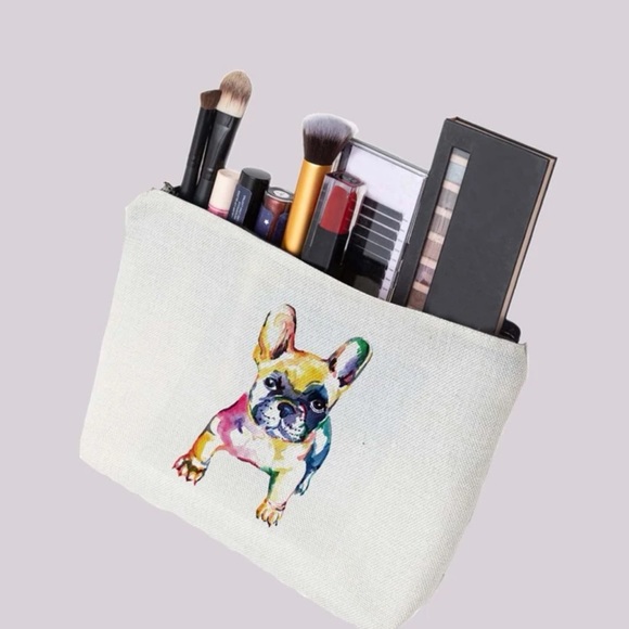 WATERCOLOR FRENCHIE ACCESSORIES POUCH MAKEUP CANVAS BAG - Picture 2 of 4